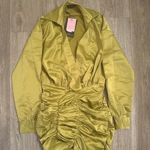 Olive Satin Ruched Dress